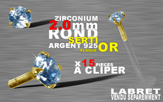 15 accessoires clipable pour labret bioflex et bioplastic - insert arrondi et bague pour un clipage performant. zircon 2.0 mm round griffe argent 925 plaque or 3 microns - aiguemarine