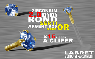 15 accessoires clipable pour labret bioflex et bioplastic - insert arrondi et bague pour un clipage performant. zircon 2.0 mm round griffe argent 925 plaque or 3 microns - bleu