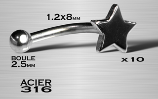 lot de 10 micro bananes acier etoiles 1.2 x 8 - boule 2.5 mm