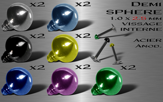 lot de 14 demie sphere acier anodise. vissage americain 1.0 - diametre 2.5 mm - pour labret et dermal 1.2 (1.0 interne)-accessoires vendu seul
