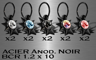 lot de 10 anneaux acier anodise noir multi cones avec pierre serties. 1.2 x 10