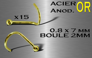 lot de 15 nose studs acier anodise or 0.8 x 7 mm - boule 2 mm