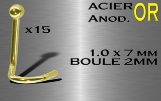 lot de 15 nose studs acier anodise or 1.0 x 7 mm - boule 2 mm