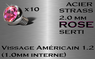 lot de 10 accessoires acier vissage americain 1.2 (interne 1.0) pour labret et dermal 1.2 - strass 2 mm serti rose.