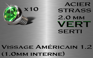 lot de 10 accessoires acier vissage americain 1.2 (interne 1.0) pour labret et dermal 1.2 - strass 2 mm serti vert.