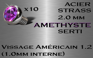 lot de 10 accessoires acier vissage americain 1.2 (interne 1.0) pour labret et dermal 1.2 - strass 2 mm serti amethyste.