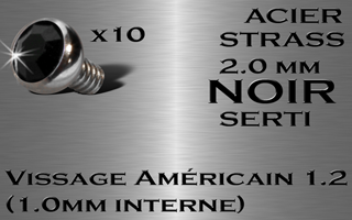 lot de 10 accessoires acier vissage americain 1.2 (interne 1.0) pour labret et dermal 1.2 - strass 2 mm serti noir.