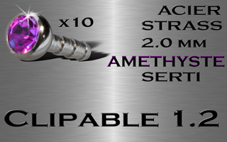 lot 10 accessoires acier clipable pour labret bioflex et bioplastic 1.2 (interne 1.0) - strass 2 mm serti amethyste.