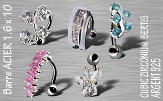 lot de 5 bananes 1.6 x 10 - barre acier 1.6 x 10 - bijoux argent - cristal zirconium sertis