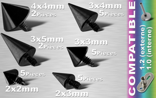 lot de 24 cones acier anodise noir - vissage americain - pour dermal et labret interne 1.2 (1.0 interne). prenez soins de voir les articles compatibles a ce produit.