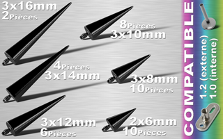 lot de 40 cones acier anodise noir - vissage americain - pour dermal et labret interne 1.2 (1.0 interne). prenez soins de voir les articles compatibles a ce produit.