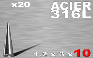 lot de 20 cones acier 316l 1.2 x 10 mm