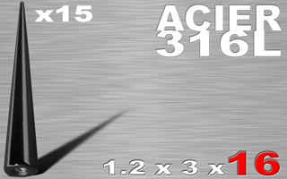 lot de 15 cones acier 316l anod. noir 1.2 x 16 mm