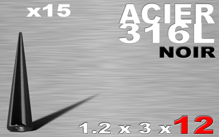 lot de 15 cones acier 316l anod. noir 1.2 x 12 mm
