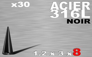lot de 30 cones acier 316l anod. noir 1.2 x 8 mm