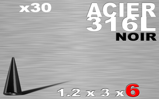 lot de 30 cones acier 316l anod. noir 1.2 x 6 mm