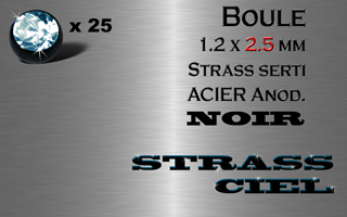 lot de 25 boules acier anod. noir 1.2 x 2.5 avec strass ciel serti