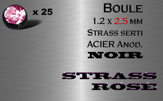 lot de 25 boules acier anod. noir 1.2 x 2.5 avec strass rose serti