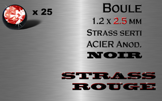 lot de 25 boules acier anod. noir 1.2 x 2.5 avec strass rouge serti