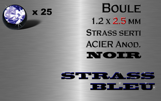 lot de 25 boules acier anod. noir 1.2 x 2.5 avec strass bleu serti