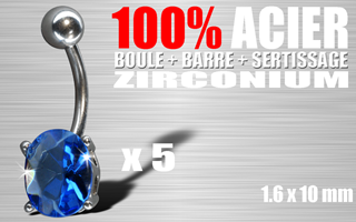 lot de 5 bananes acier 100% (barre + boule + sertissage) - cristral zirconium bleu - 1.6 x 10 - pierre ovale. 10x8mm