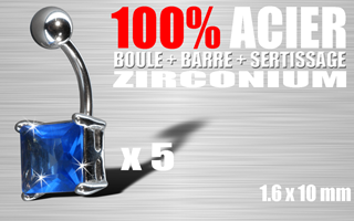 lot de 5 bananes acier 100% (barre + boule + sertissage) - cristral zirconium bleu - 1.6 x 10 - pierre carree.9x9mm