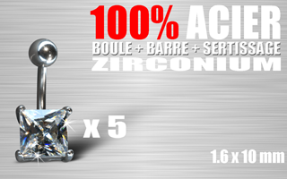 lot de 5 bananes acier 100% (barre + boule + sertissage) - cristral zirconium translucide - 1.6 x 10 - pierre carree.9x9mm