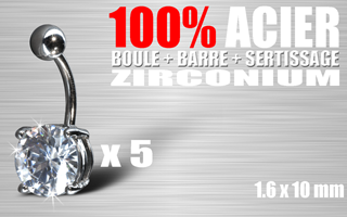 lot de 5 bananes acier 100% (barre + boule + sertissage) - cristral zirconium translucide - 1.6 x 10 - pierre ronde.10 mm de diametre
