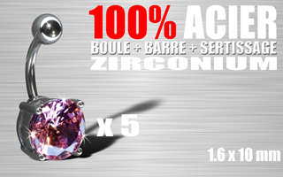 lot de 5 bananes acier 100% (barre + boule + sertissage) - cristral zirconium rose - 1.6 x 10 - pierre ronde.10 mm de diametre