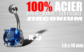 lot de 5 bananes acier 100% (barre + boule + sertissage) - cristral zirconium bleu - 1.6 x 10 - pierre ronde.10 mm de diametre