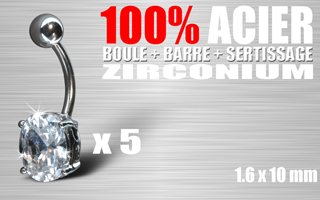 lot de 5 bananes acier 100% (barre + boule + sertissage) - cristral zirconium translucide - 1.6 x 10 - pierre ovale.10x8mm