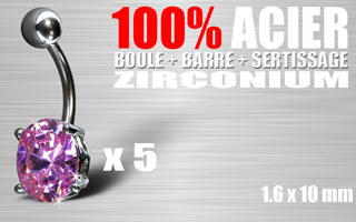lot de 5 bananes acier 100% (barre + boule + sertissage) - cristral zirconium rose - 1.6 x 10 - pierre ovale.10x8mm
