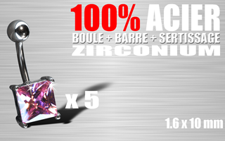 lot de 5 bananes acier 100% (barre + boule + sertissage) - cristral zirconium rose - 1.6 x 10 - pierre carree.9x9 mm