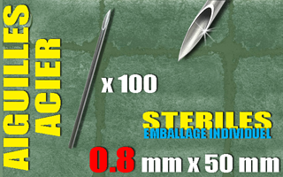 100 aiguilles acier 50 mm - diametre 0.8 mm - triple biseau -sterilisees en france - emballees individuellement. 20g