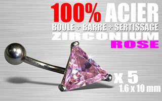 lot de 5 bananes acier 100% (barre + boule + sertissage) - cristral zirconium rose - 1.6 x 10 - pierre triangulaire.9x9x9 mm