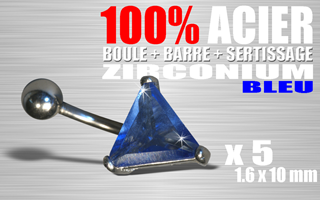 lot de 5 bananes acier 100% (barre + boule + sertissage) - cristral zirconium bleu - 1.6 x 10 - pierre triangulaire.9x9x9 mm