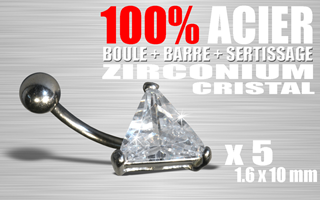 lot de 5 bananes acier 100% (barre + boule + sertissage) - cristral zirconium cristal - 1.6 x 10 - pierre triangulaire.9x9x9 mm