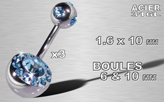lot de 3 bananes acier 316 avec multi strass bleu ciel 1.6 x 10 - boules 6 & 10 mm