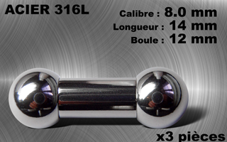 lot de 3 barbells acier 316 - calibre 8 mm - longueur 14 mm - diametre boules 12 mm