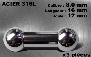 lot de 3 barbells acier 316 - calibre 8 mm - longueur 16 mm - diametre boules 12 mm