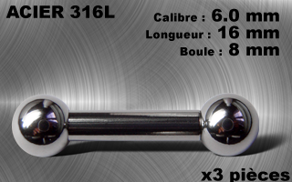 lot de 3 barbells acier 316 - calibre 6 mm - longueur 16 mm - diametre boules 8 mm