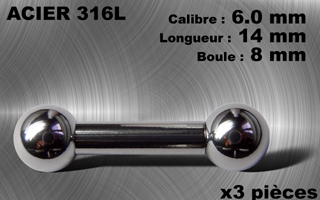 lot de 3 barbells acier 316 - calibre 6 mm - longueur 14 mm - diametre boules 8 mm