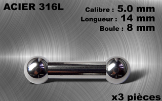 lot de 3 barbells acier 316 - calibre 5 mm - longueur 14 mm - diametre boules 8 mm