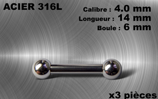 lot de 3 barbells acier 316 - calibre 4 mm - longueur 14 mm - diametre boules 6 mm