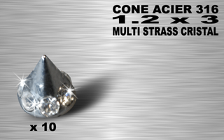 10 cones acier 316 l - 1.2 x 3 - multi strass cristal