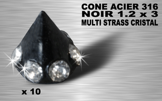 10 cones acier noir 316 l - 1.2 x 3 - multi strass cristal