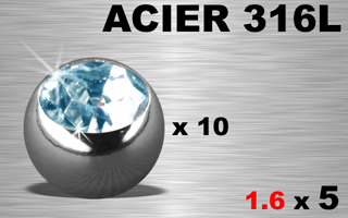 lot de 10 boules 1.6 x 5 - acier 316 - strass ciel serti