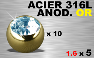 lot de 10 boules 1.6 x 5 - acier 316 - anodise or - strass ciel serti