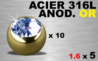 lot de 10 boules 1.6 x 5 - acier 316 - anodise or - strass bleu serti