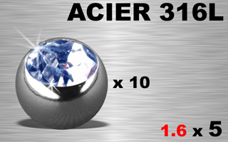 lot de 10 boules 1.6 x 5 - acier 316 - strass bleu serti